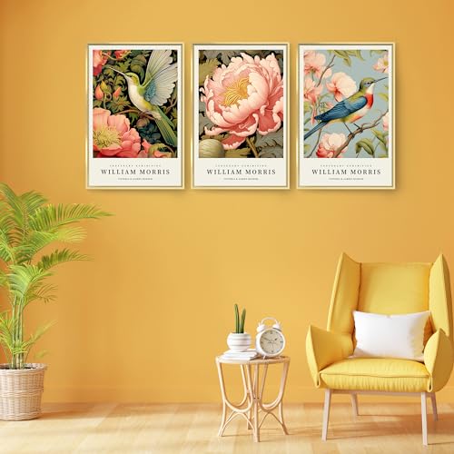 William Morris Wall Art set of 3 large Framed Vintage botanical Colorful Abstract Nature Flowers Canvas Art Gold Frame J263127