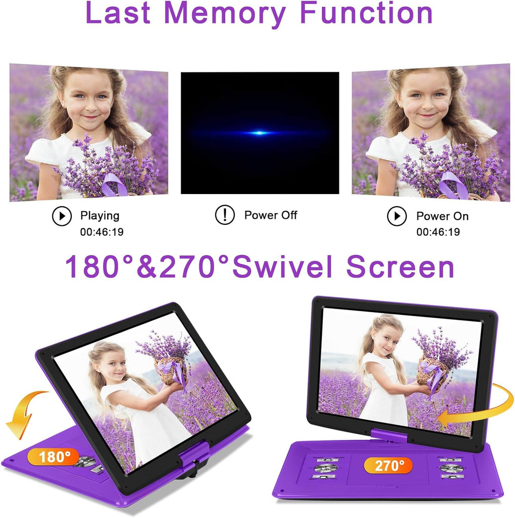 17.5" Portable DVD Player with 15.6" HD Screen, 6 Hours Rechargeable Battery, Purple E73310