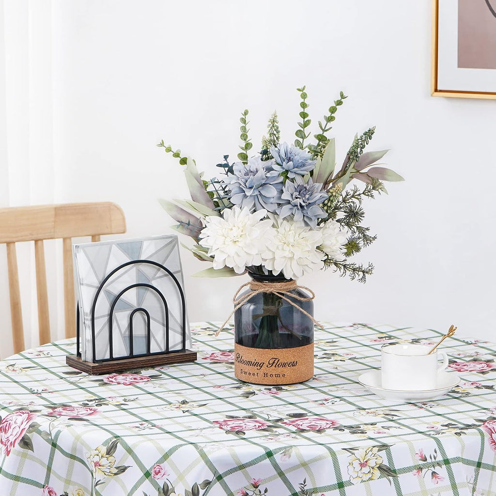 Blue White Dahlia Artificial Flowers with Glass Vase N945