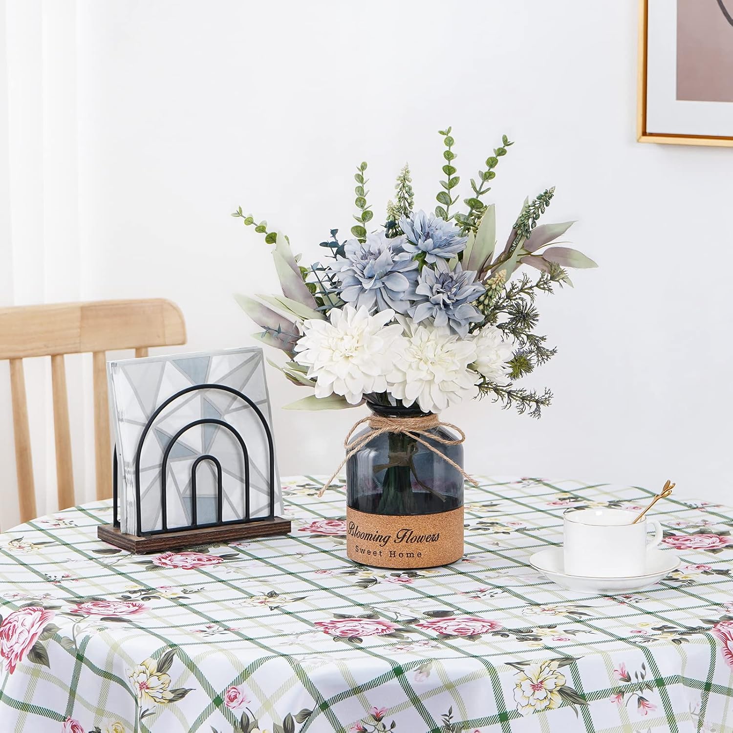 Blue White Dahlia Artificial Flowers with Glass Vase N945
