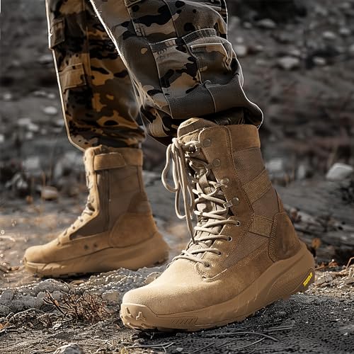 Men's Breathable Tactical Military Work Boots Side Zipper Leather Lightweight Hiking Motorcycle Combat Boots 8 Inches X19743