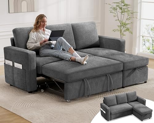 Green Chenille L Shaped Sleeper Sofa with Pull Out Bed O807