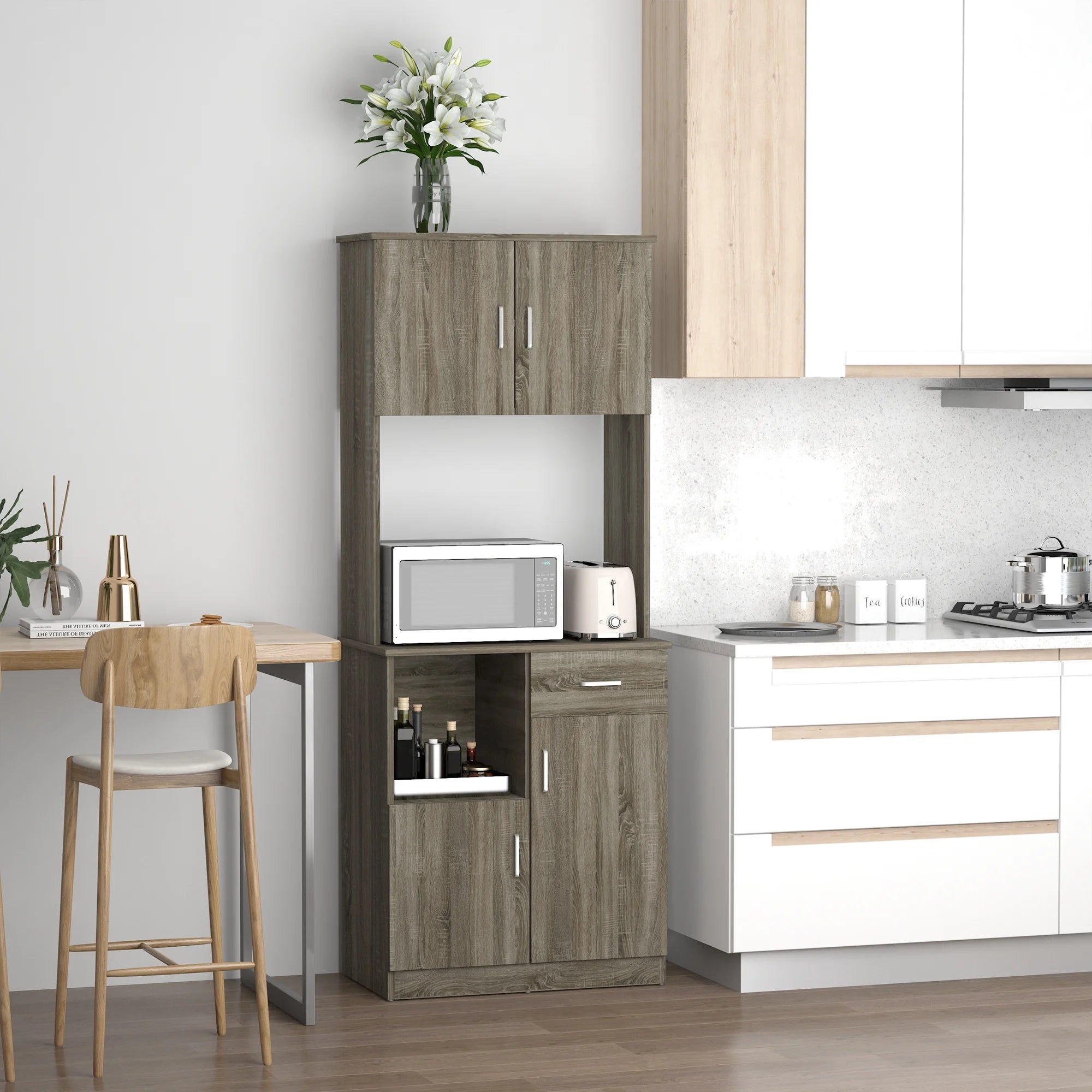 Gray Kitchen Pantry Storage Cabinet with Microwave Stand Z697127