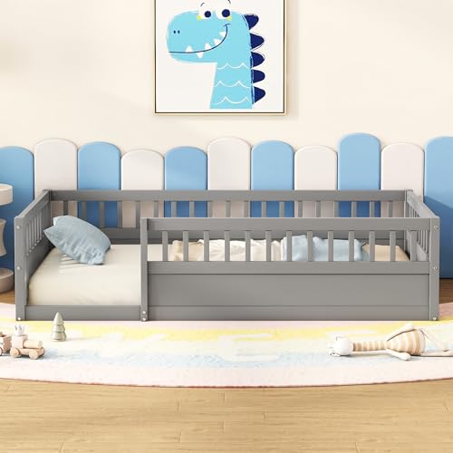 Twin Size White Wood Floor Bed with Rails X268286
