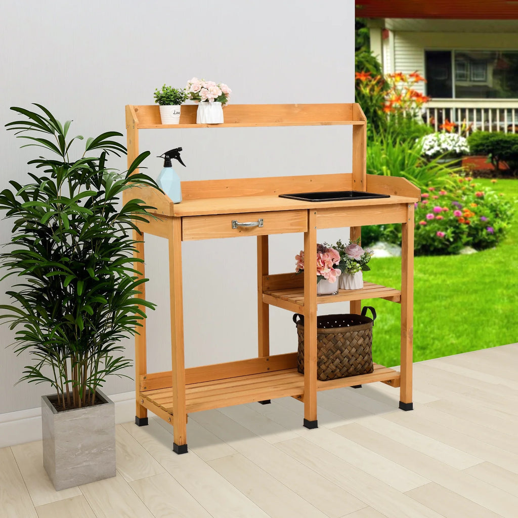 Natural Wooden Potting Bench with Sink and Storage Shelf X605
