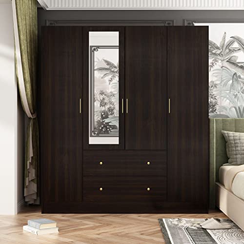White 4-Door Wardrobe Closet with Mirror, Drawers and Shelves, Hanging Rod X75549