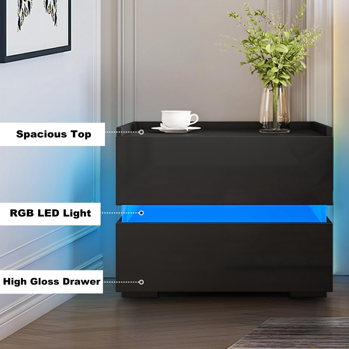 LED Nightstand with 2 Drawers Black K787261