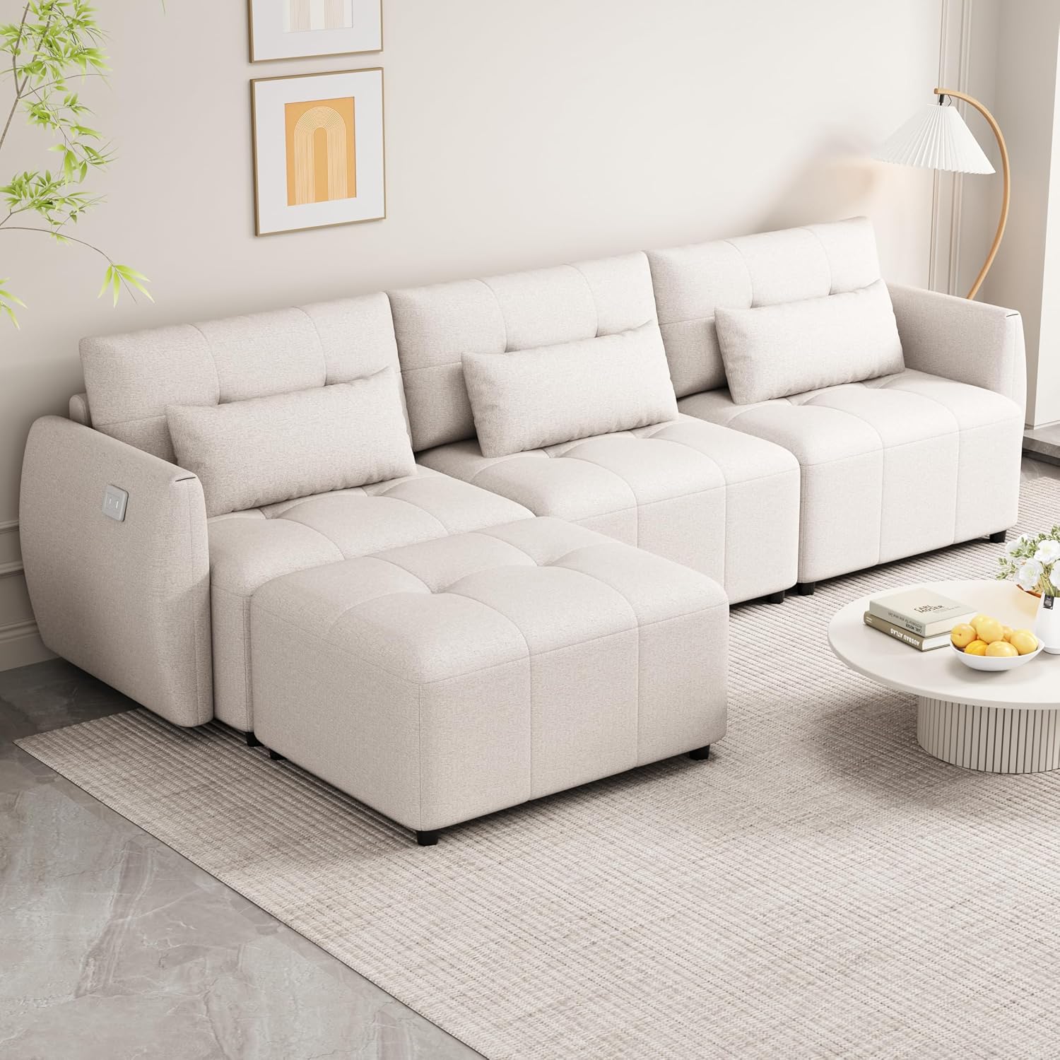 Beige Oversized 114" Convertible Sectional Sofa with Movable Ottoman C4916