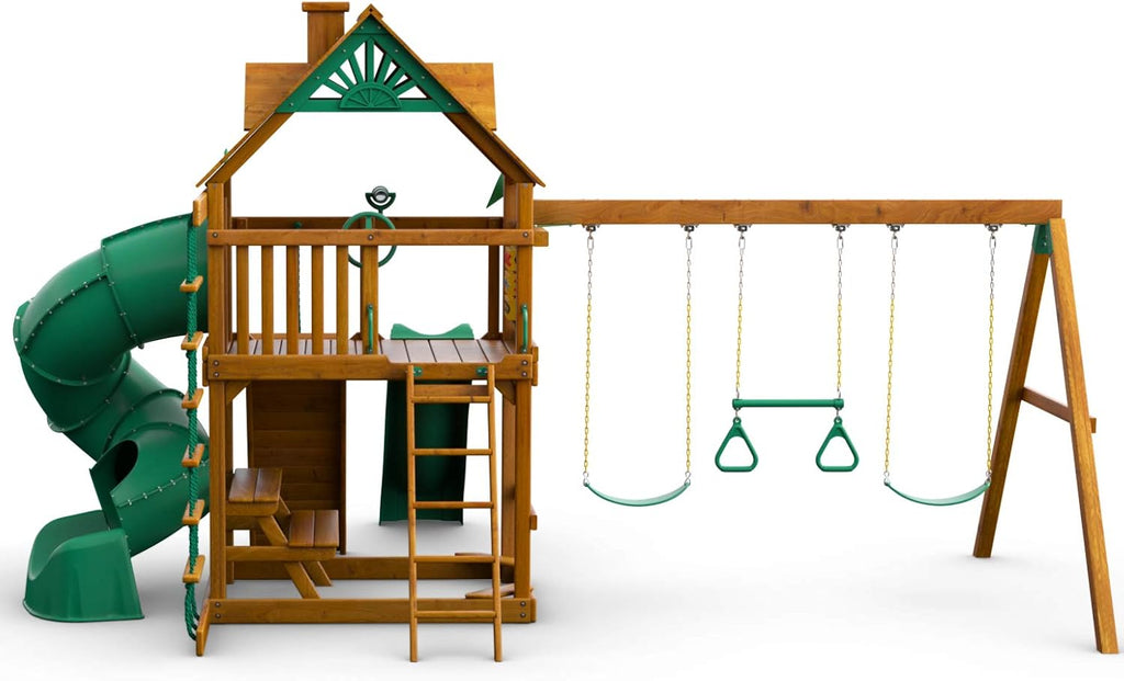 Brown Wooden Swing Set with Two Slides T5323