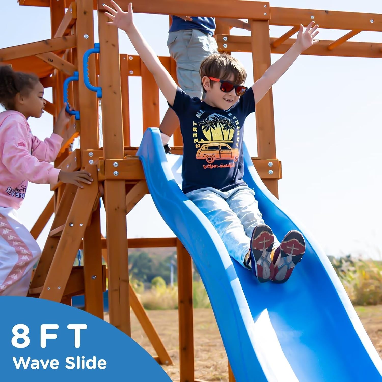 Wooden Playground Swing Sets with Monkey Bar, 8FT Wave Slide, 2 Belt Swings U817574