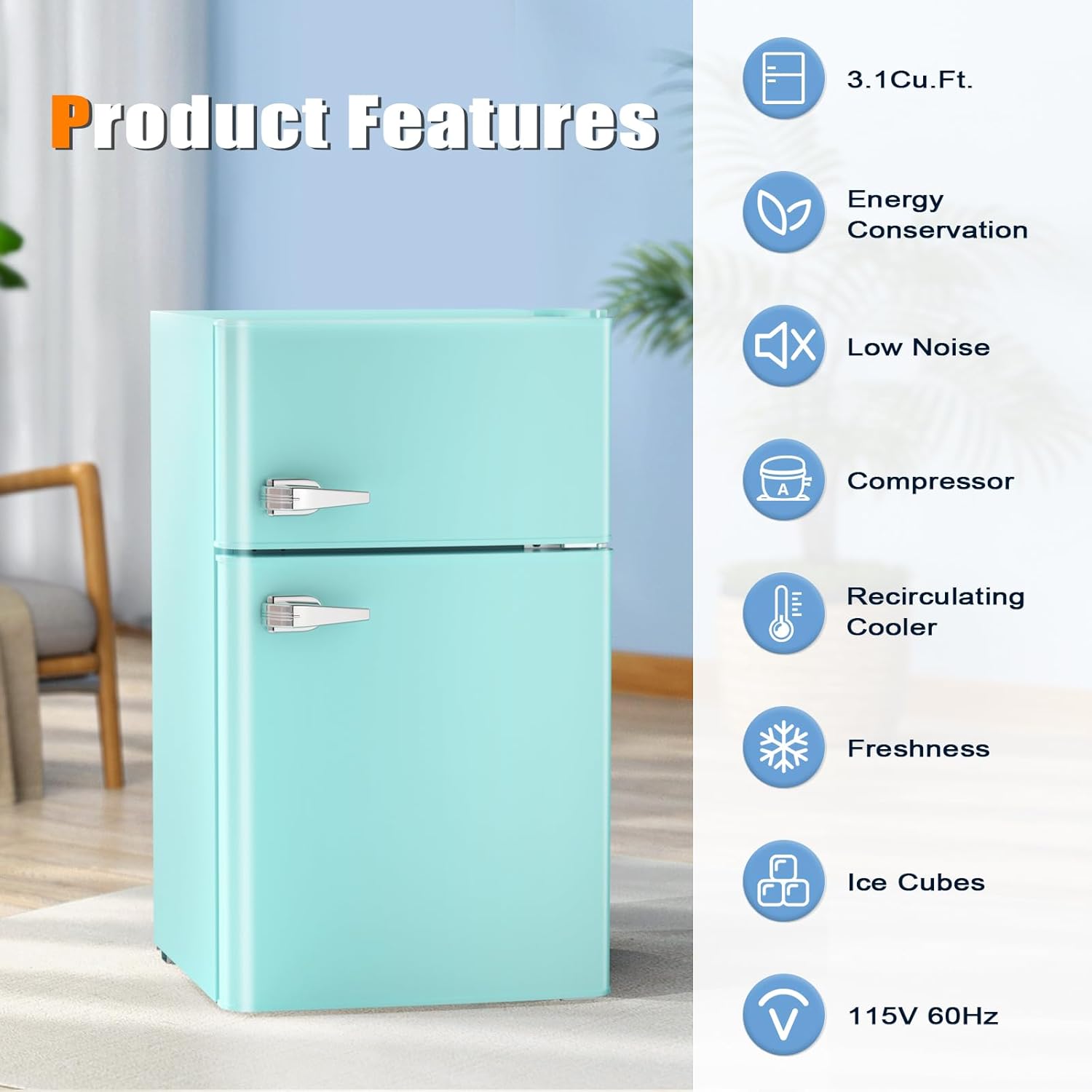 Compact Mini Refrigerator Separate Freezer, 3.2 cu ft. Green D231045