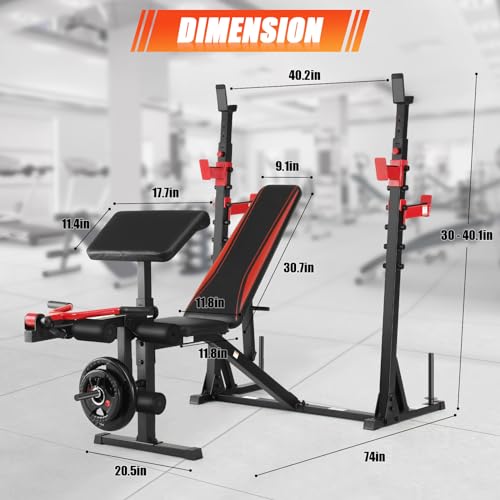 900 LBS Adjustable Weight Bench and Squat Rack with Leg Extension, Preacher Curl Pad T8596
