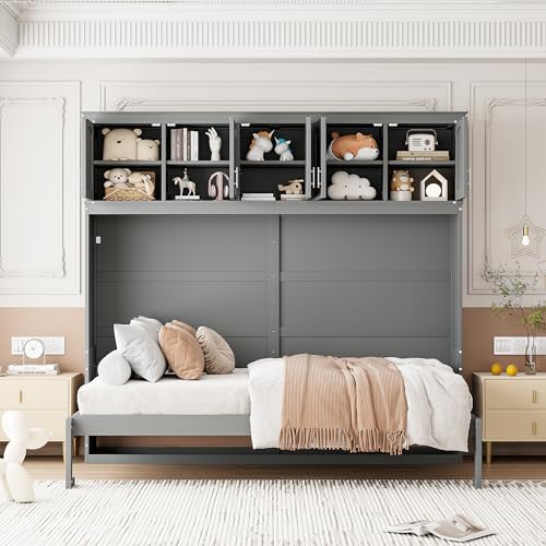 Full Size Murphy Bed with Built-in Wardrobe, 3 Drawers and 3 Open Shelves G7423