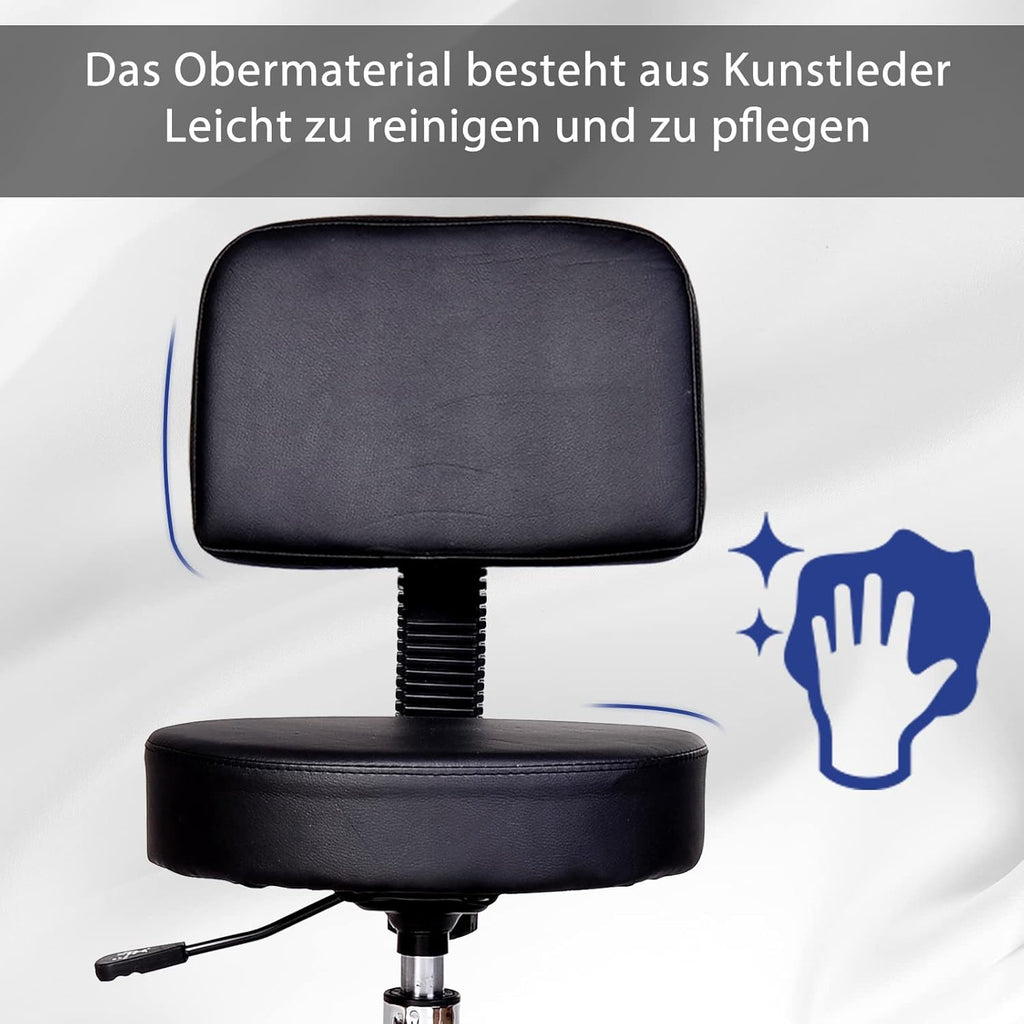 Black Swivel Stool with Back Support, Adjustable Height, PU Leather, Wheels T574551