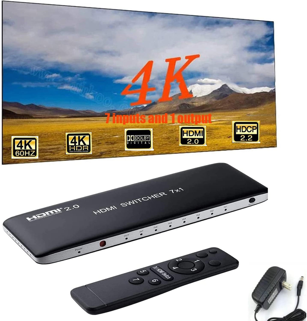 HDMI Switch 7 Port Box with IR Remote Control HDMI 2.0 HDCP 2.2 Support 4K@60Hz 3D Power Adapter Pack of 2 Y358392