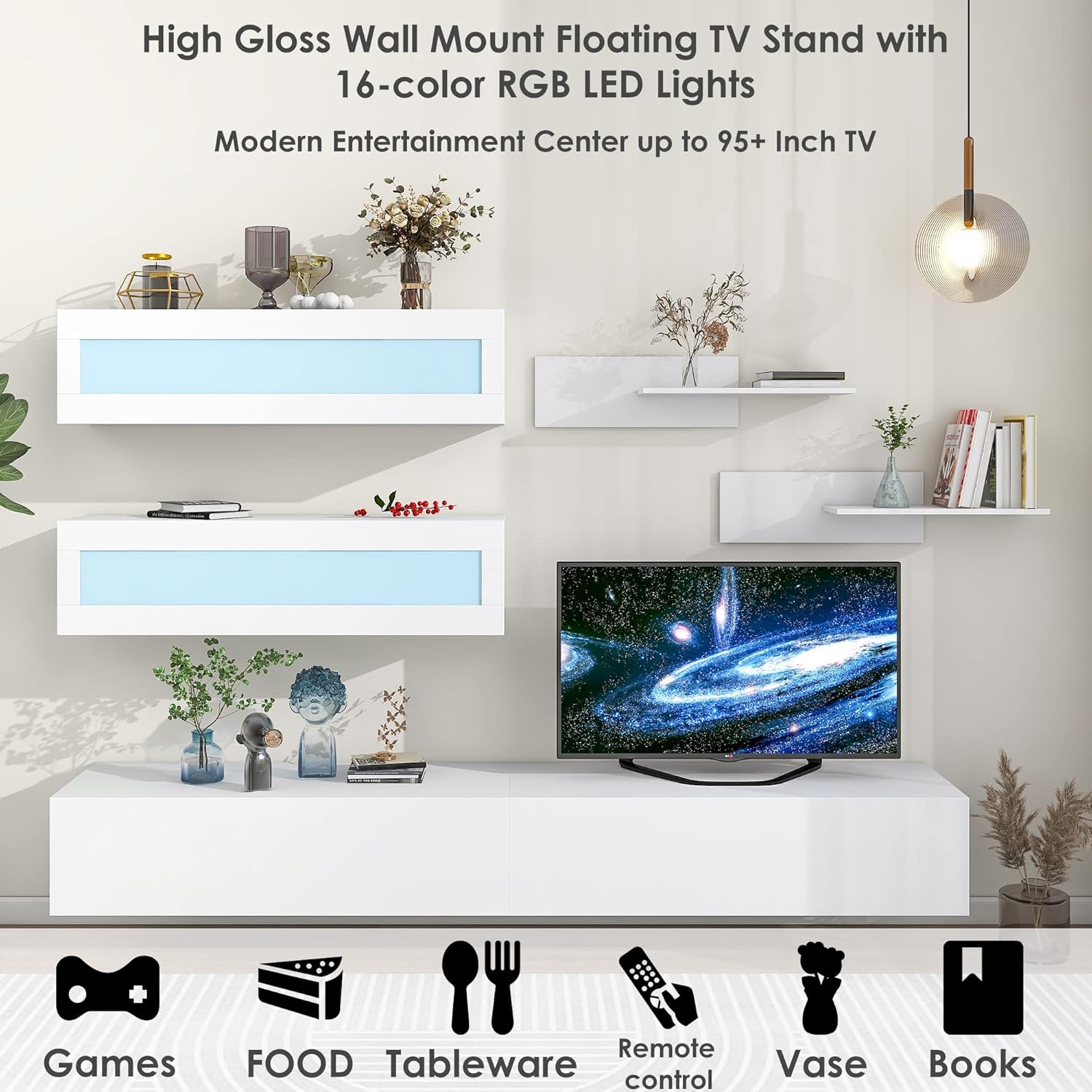 Wall Mount Floating Entertainment Center with 4 Storage Cabinets and 2 Shelves, High Gloss TV Stand J215309