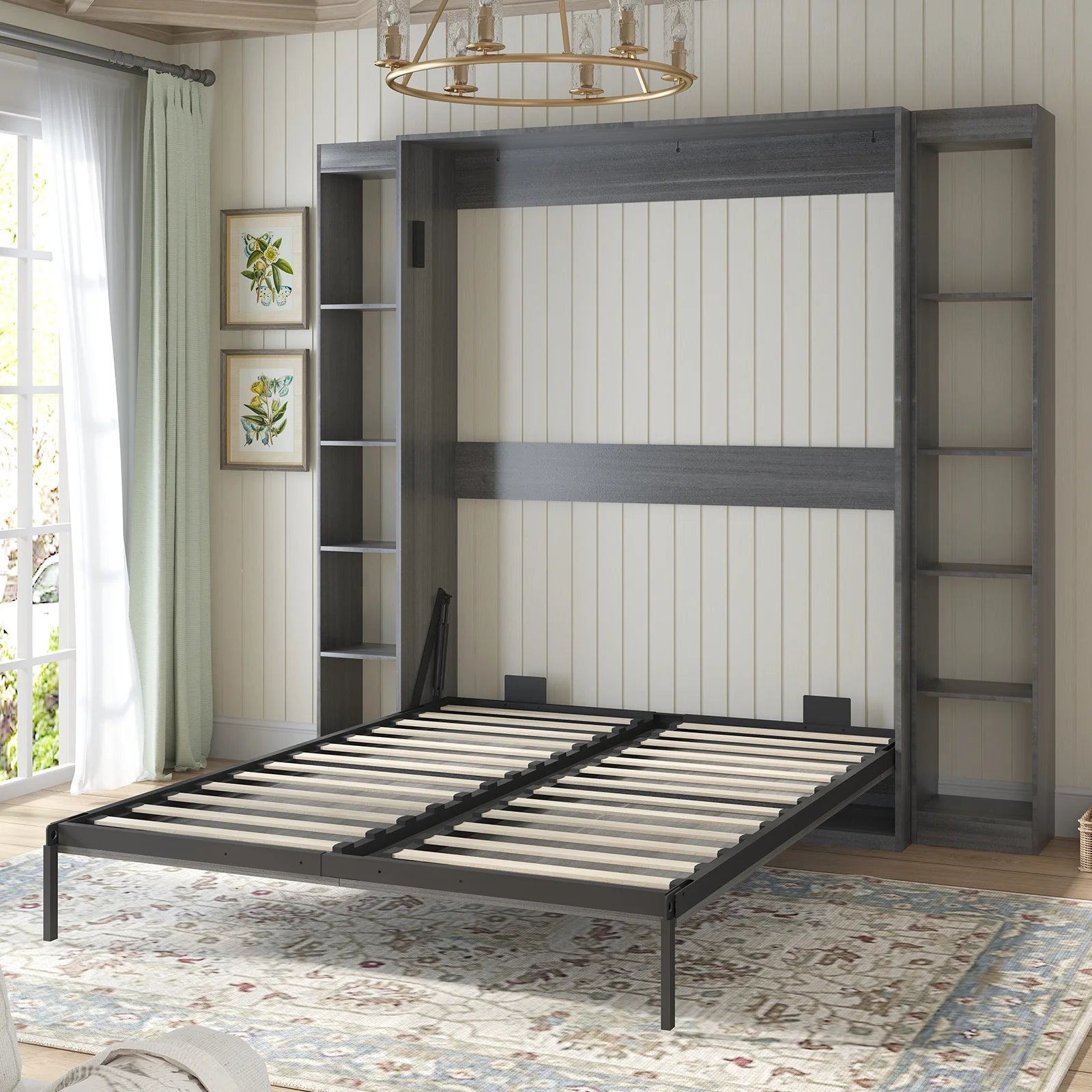 Dark Grey Foldable Murphy Bed with 2 Sides Cabinet B849