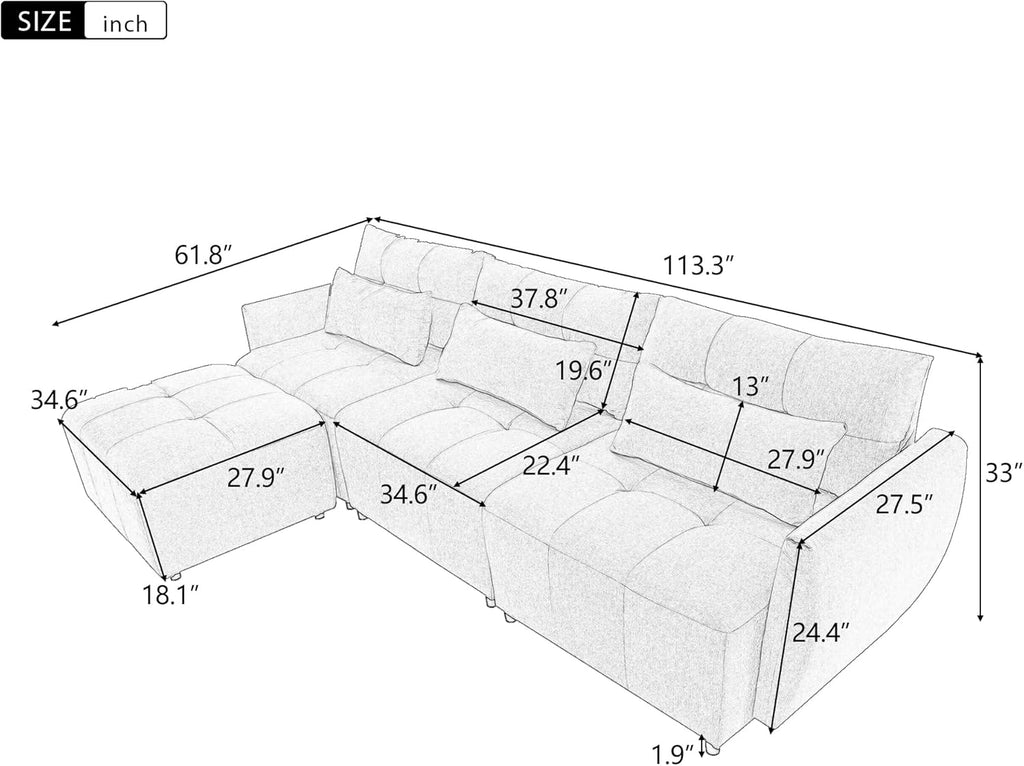 Beige Oversized 114" Convertible Sectional Sofa with Movable Ottoman C4916