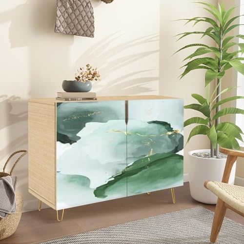 Mid Century Sideboard with 2 Doors Marble Gold White Texture Cabinet L914