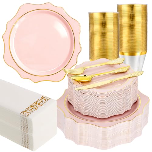 350 PCS Clear and Gold Plastic Plates, 50 Cups, 150 Silverwares, 50 Napkins F668040