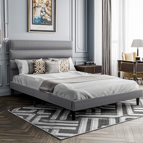 Dark Gray Full Size Linen Fabric Upholstered Platform Bed Frame U13911