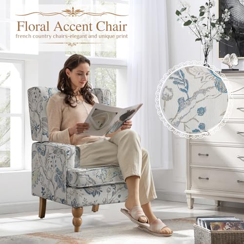 Blue Floral Upholstered Accent Chairs Set of 2 with Wood Legs W2158