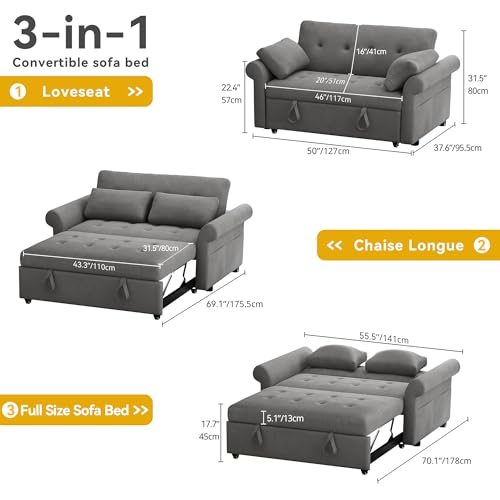 Blue Gray 55'' Convertible Sleeper Sofa with Pullout Bed and 2 Pillows N37944