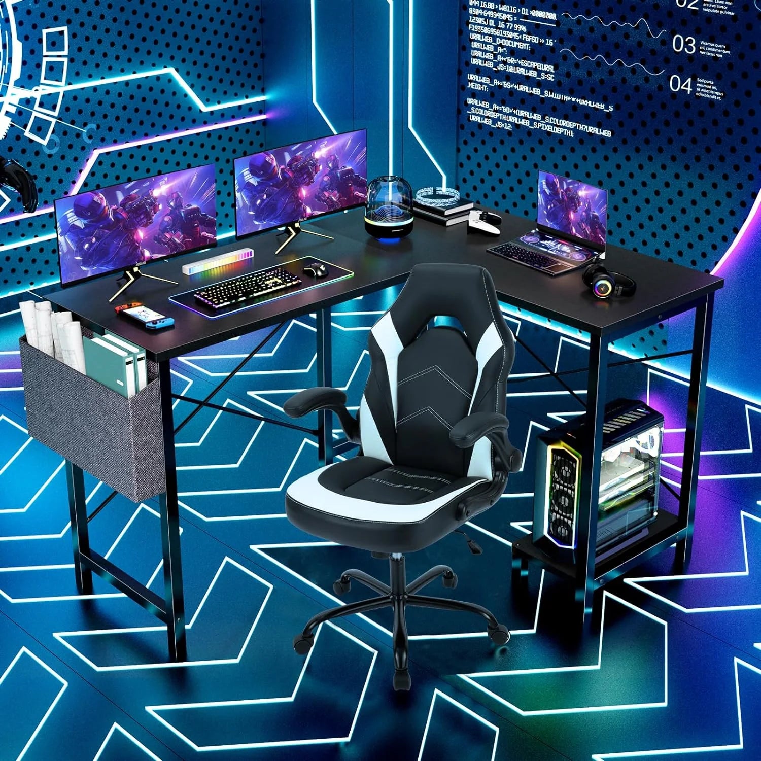 Black L Shaped Computer Desk with Wooden Desktop CPU Stand Side Bag B220
