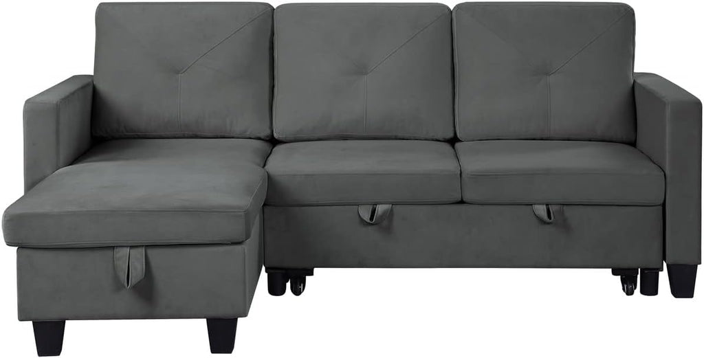 Dark Gray Velvet L-Shaped Reversible Corner Convertible Sectional Sofa with Pull Out Sleeper Couch Bed and Storage Chaise, 82.5" R6301