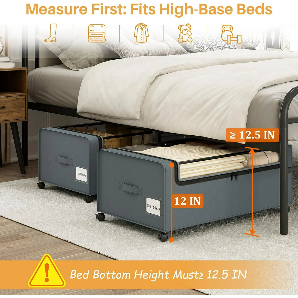12 inch Under Bed Storage Bins with Clear Lid, Wheels, 2 Pack, Grey, 30.7x17.3x12 F48371