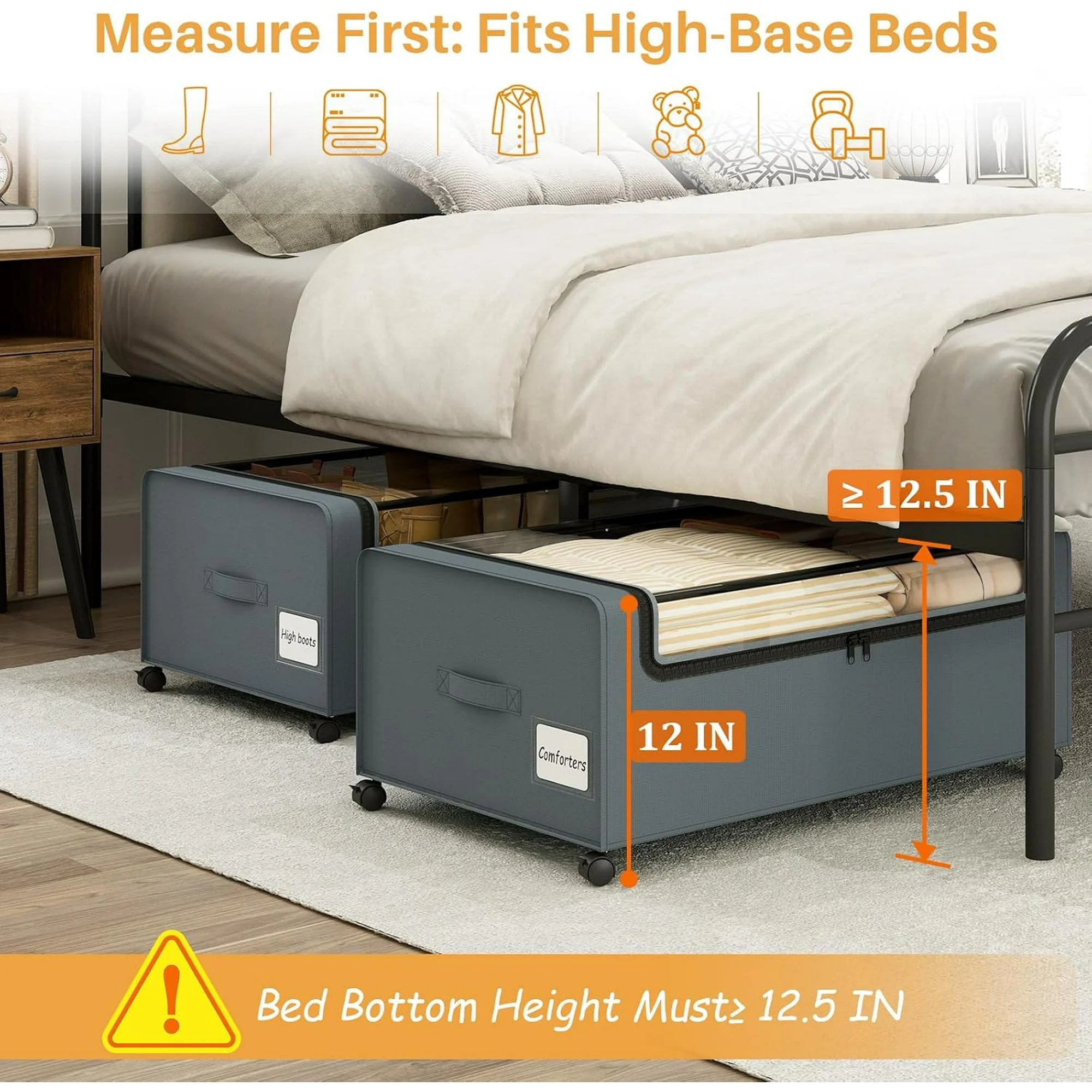 12 inch Under Bed Storage Bins with Clear Lid, Wheels, 2 Pack, Grey, 30.7x17.3x12 F48371