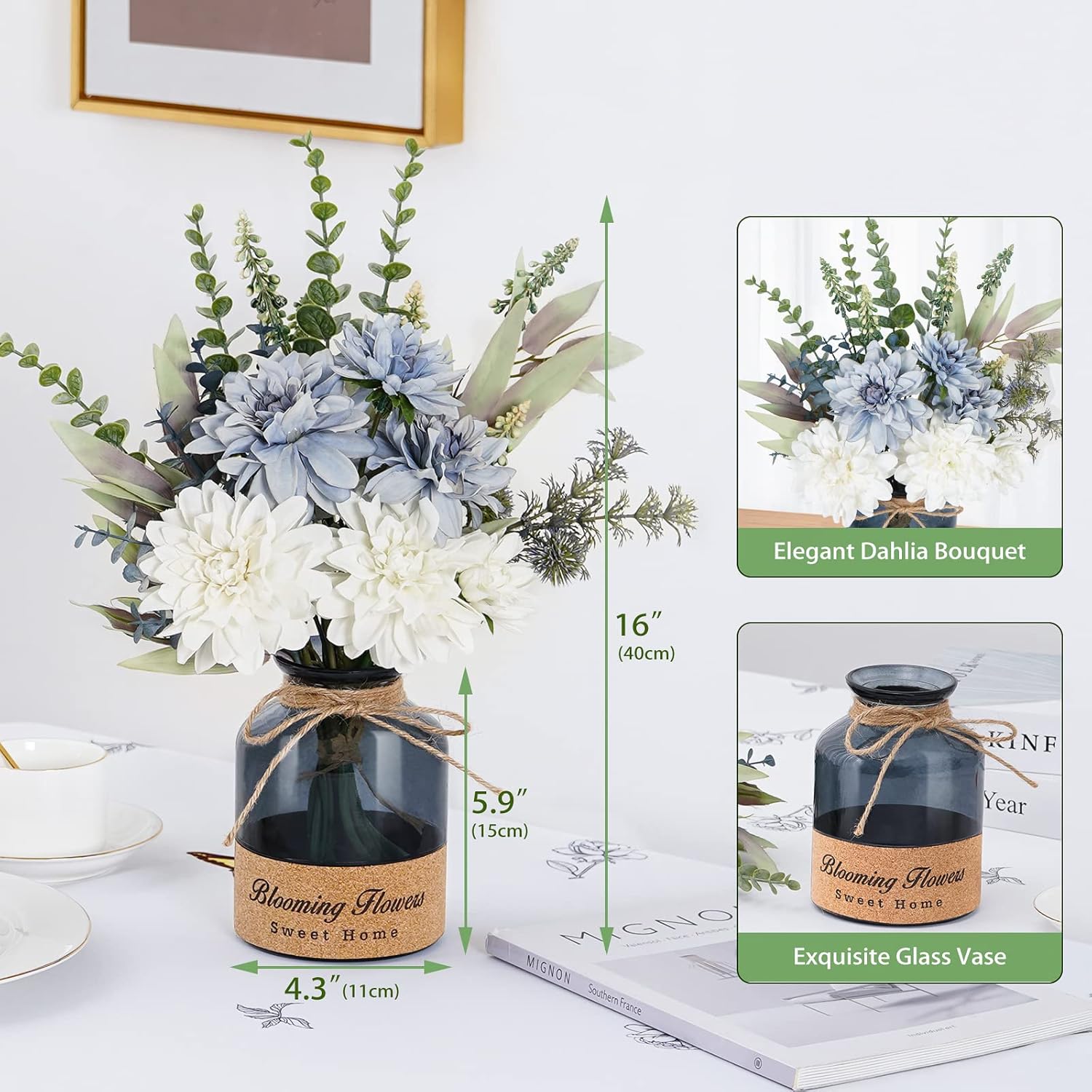 Blue White Dahlia Artificial Flowers with Glass Vase N945