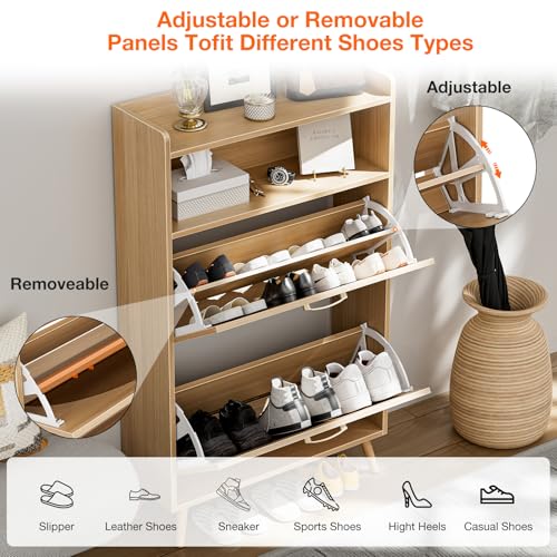 Natural LED Rattan Wood Shoe Storage Cabinet with 2 Flip Drawers W6869