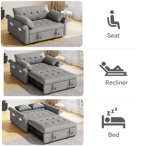 Blue Gray 55'' Convertible Sleeper Sofa with Pullout Bed and 2 Pillows N37944