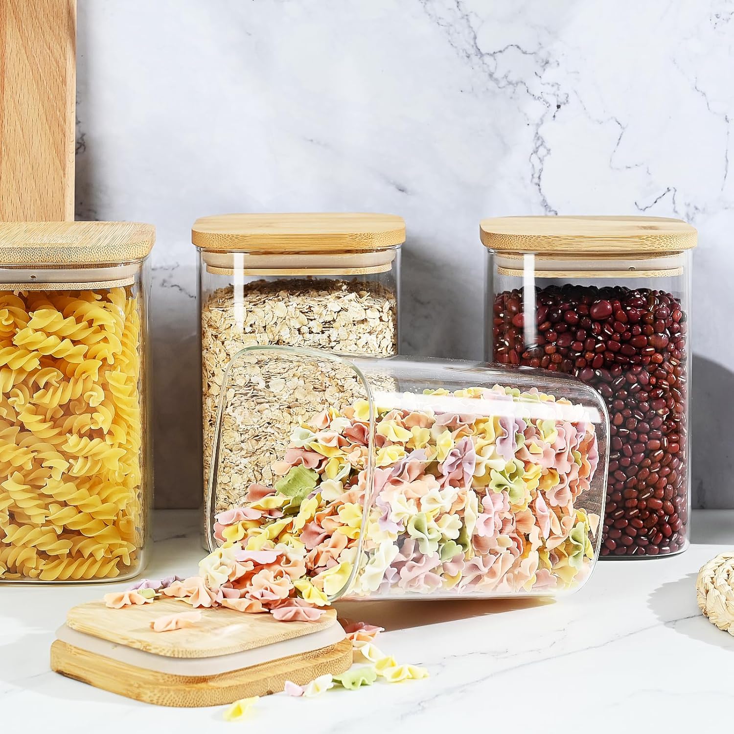 40oz Glass Food Storage Jars with Bamboo Lids, Clear Square Airtight Container Sets, Stackable Canisters (Set of 4) H80212