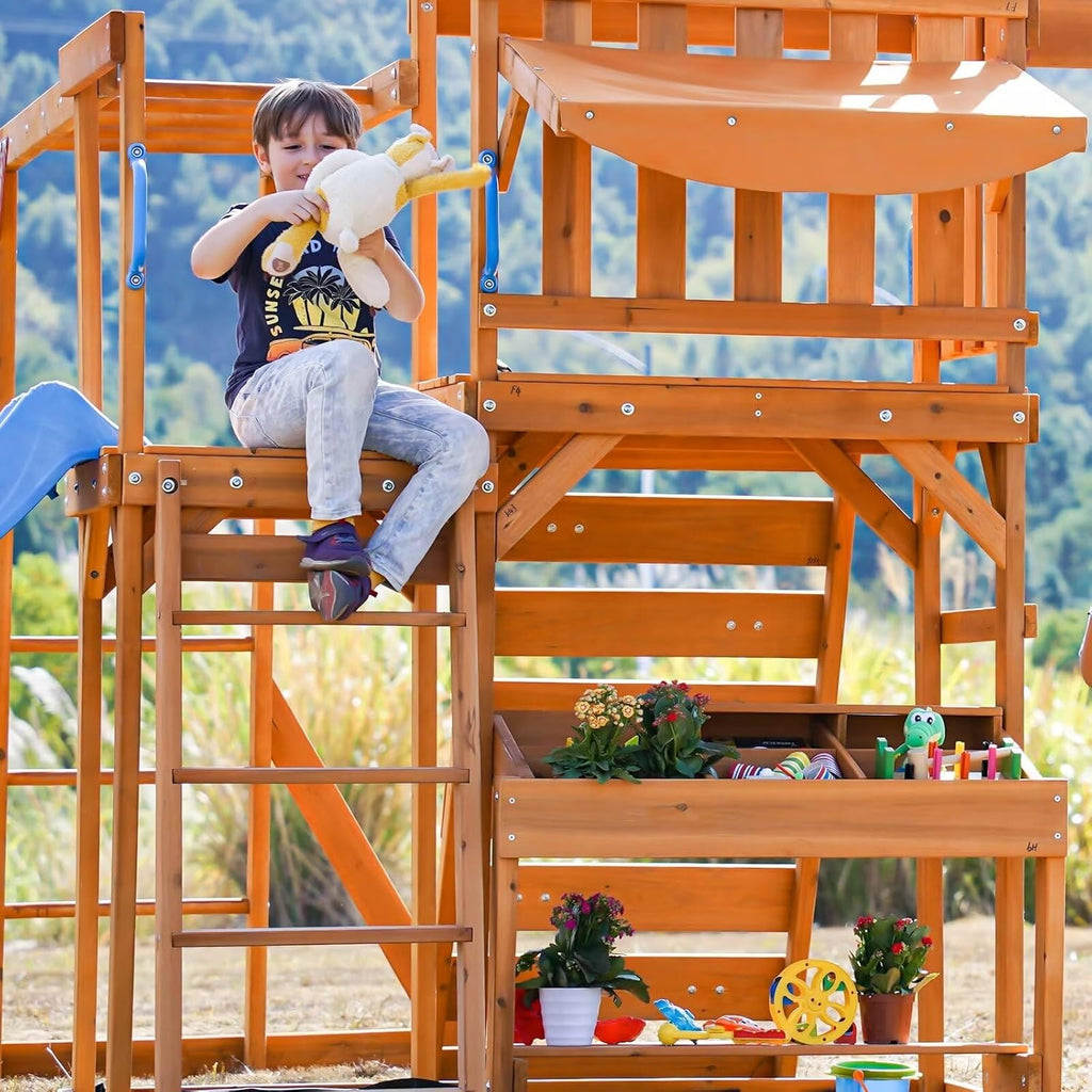 Wooden Playground Swing Sets with Monkey Bar, 8FT Wave Slide, 2 Belt Swings U817574