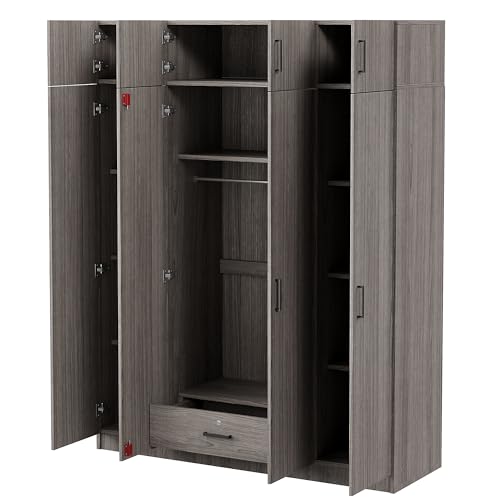 Wardrobe Armoire with 4 Doors, Mirror, Shelves, Drawers and Hanging Rod H857