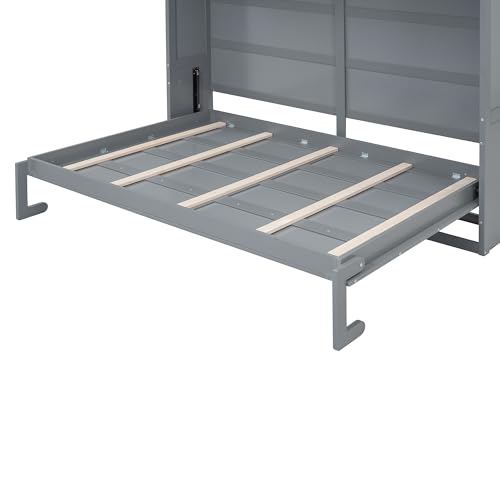 Full Size Murphy Bed with Built-in Wardrobe, 3 Drawers and 3 Open Shelves G7423