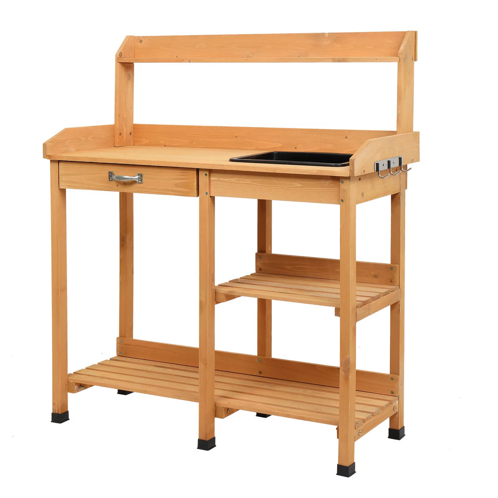 Natural Wooden Potting Bench with Sink and Storage Shelf X605