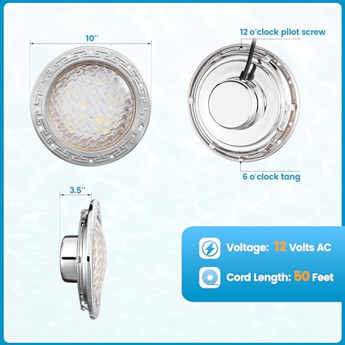 LED Pool Light, 12V AC, 10 inch, 30W, 3000LM, 6500K Cool White, 100FT Cord X592758