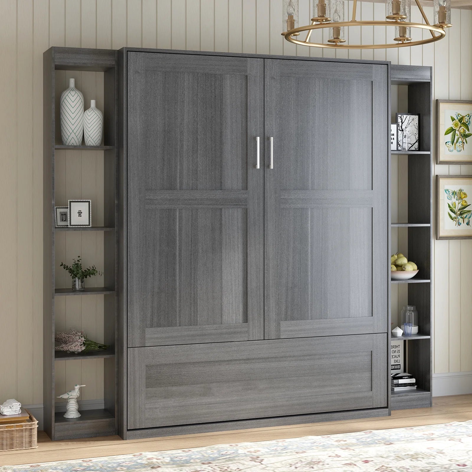 Dark Grey Foldable Murphy Bed with 2 Sides Cabinet B849