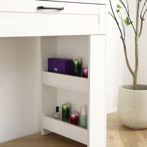 White Vanity Desk With Mirror And Cushioned Stool G239