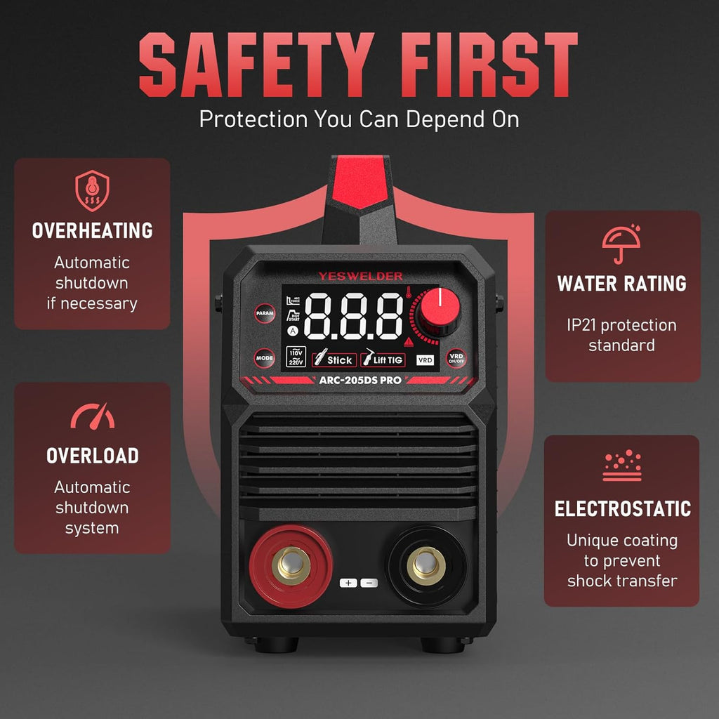 205Amp Stick Welder with Lift TIG Torch, Large LED Display, 110V/220V Dual Voltage Portable Welding Machine, Flip Front Welding Hood Helmet J51356
