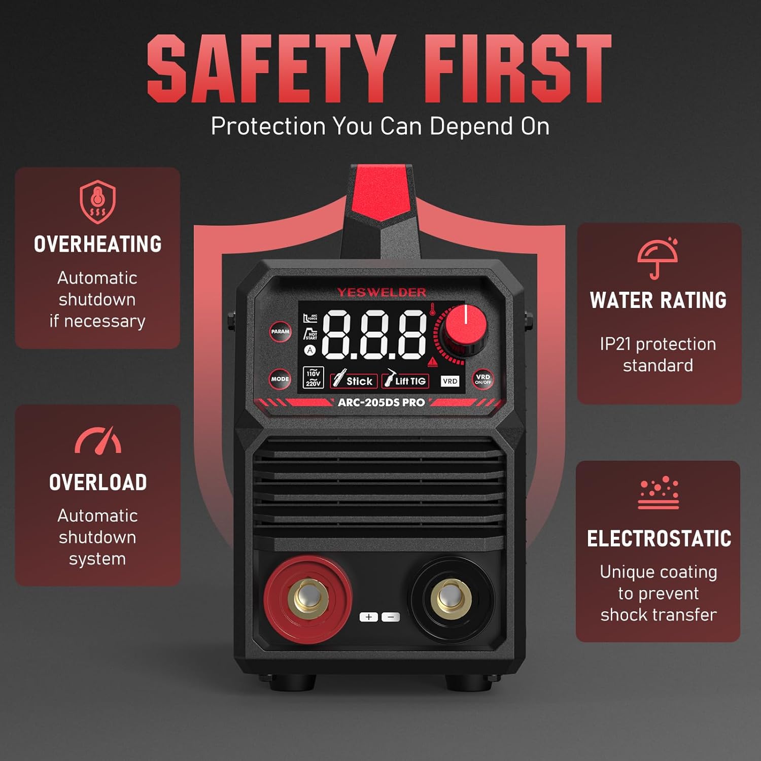 205Amp Stick Welder with Lift TIG Torch, Large LED Display, 110V/220V Dual Voltage Portable Welding Machine, Flip Front Welding Hood Helmet J51356