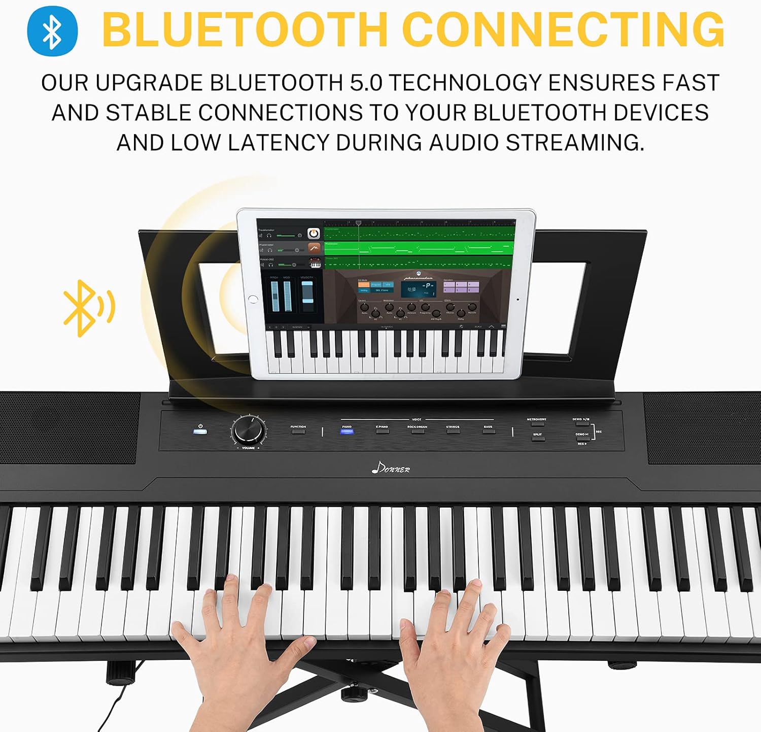 88 Key Semi Weighted Portable Digital Piano with Stand, Sustain Pedal, 20W Built in Speakers, 10 Voices, Headphone Output, Bluetooth MIDI Electric Keyboard J580