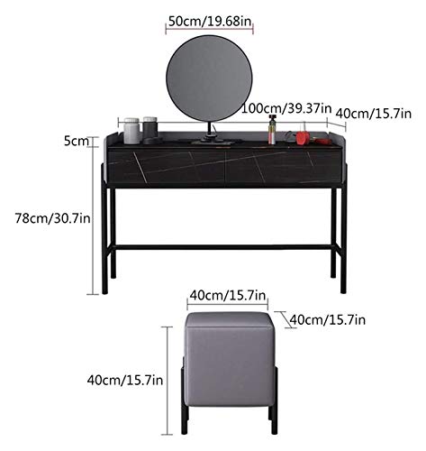 White Dressing Vanity Table with 2 Drawers, Round Mirror and Stool L768387