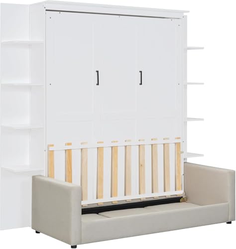 Queen Size Wood Murphy Bed with Storage Shelves and Sofa P72187