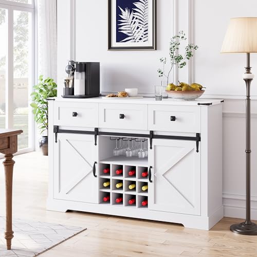 White Buffet Cabinet with 3 Drawers and Sliding Barn Door I175