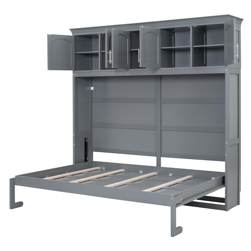 Full Size Murphy Bed with Built-in Wardrobe, 3 Drawers and 3 Open Shelves G7423