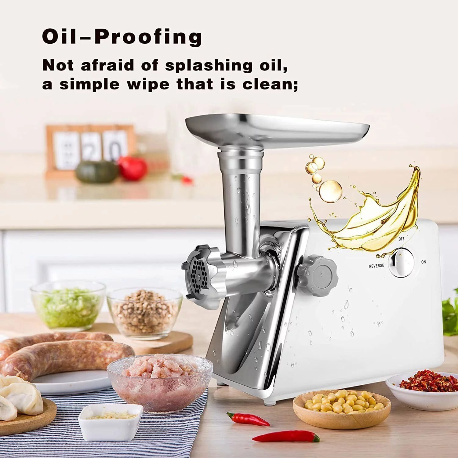 White Electric Meat Grinder with Sausage & Kubbe Kit, 3 Grinder Plates, 600W O158535